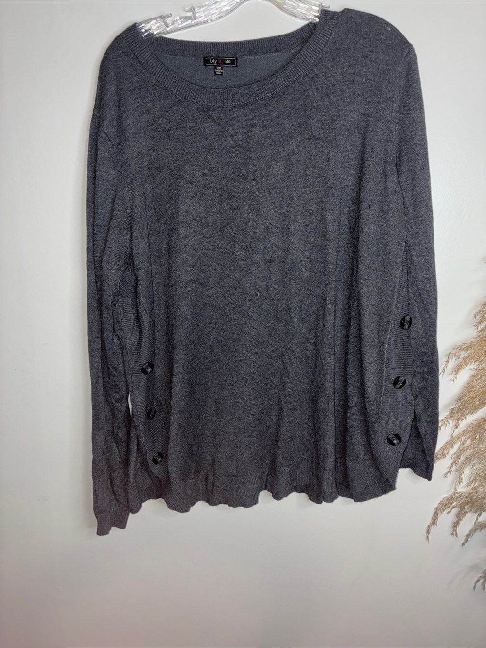 Cozy Charcoal Crewneck Sweater with Button-Sleeve Detail